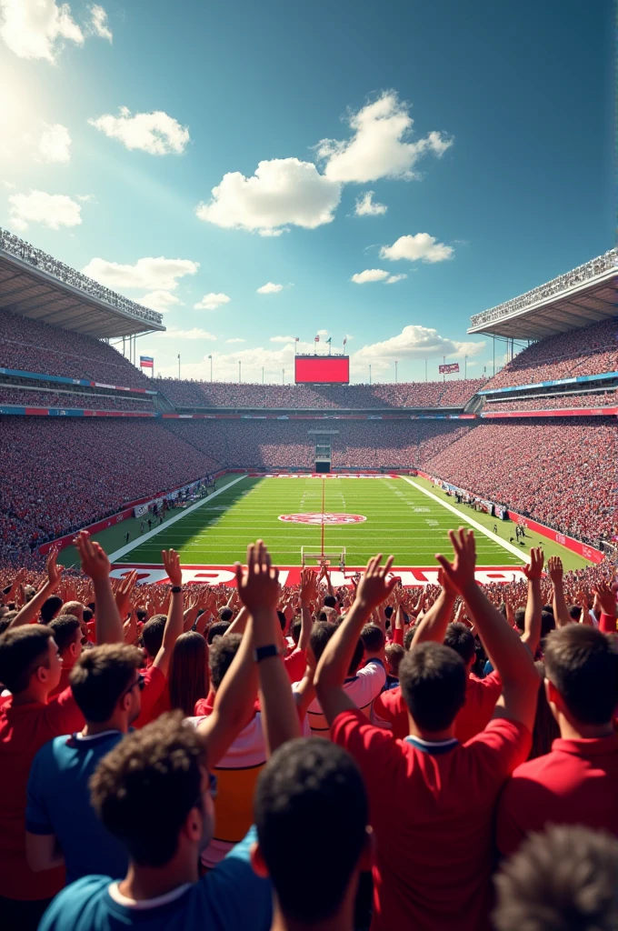 American football, Fans in the stadium, uniformed, seen from the front, Celebrating, grandstand.