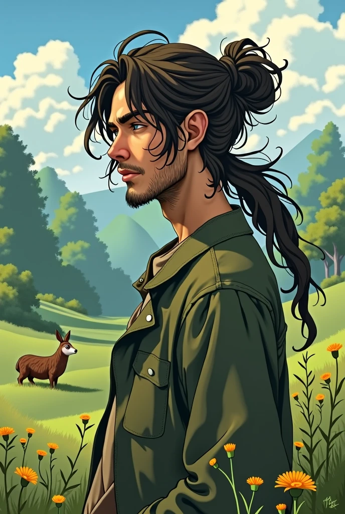 Ghibli design, 22 yo man, long hair, man bun, faint beard, mature look