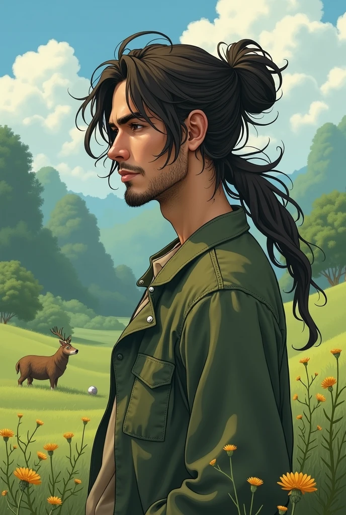 Ghibli design, 22 yo man, long hair, man bun, faint beard, mature look