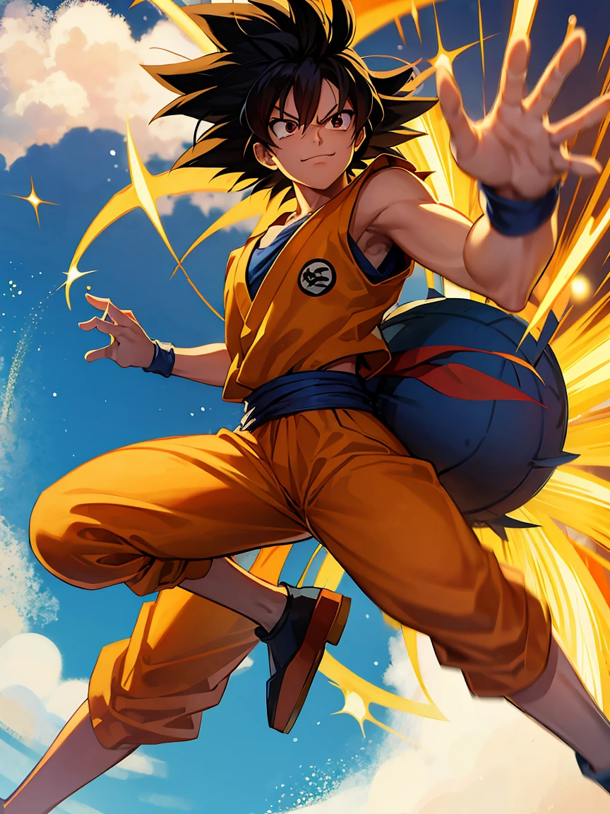 
---

"Create a character that is a fusion of Monkey D. Luffy e Goku. She must have Goku&#39;s spiky black hair, mixed with Luffy&#39;s straw hat and red outfit. The character must display an energetic and adventurous appearance., with a confident smile. Include characteristics of both characters, like Goku&#39;s fighting style, with abilities like the Kamehameha, and Luffy&#39;s fearless and optimistic personality."

---