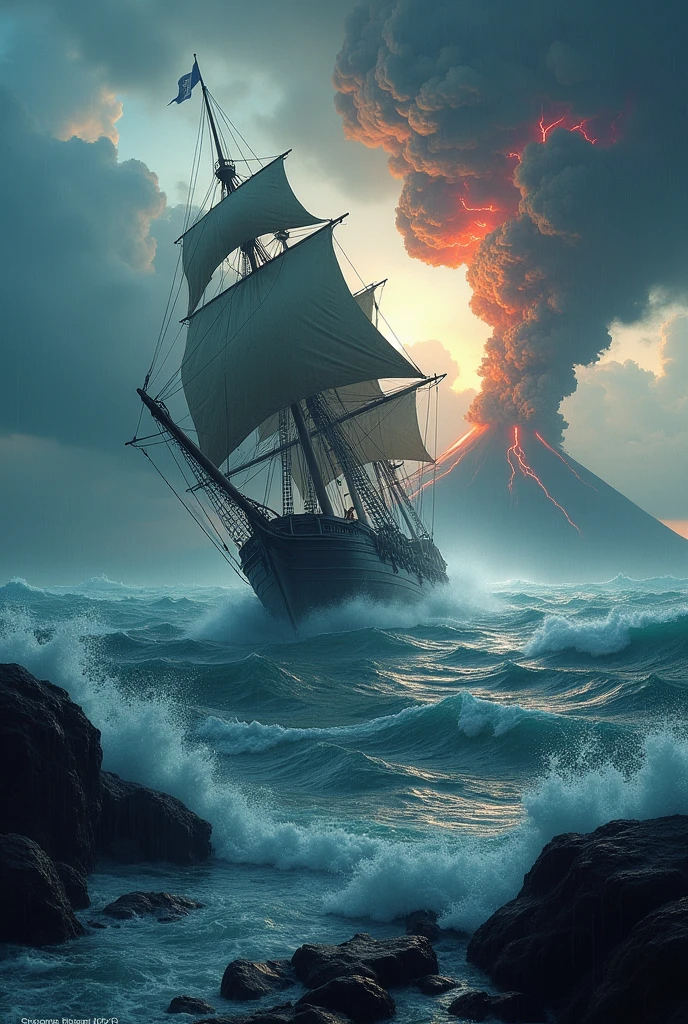 At the bottom of the image a gigantic pirate ship in the middle of a violent storm with rain and waves and thunder at the top, as if it were another image a volcano erupting far away in the middle