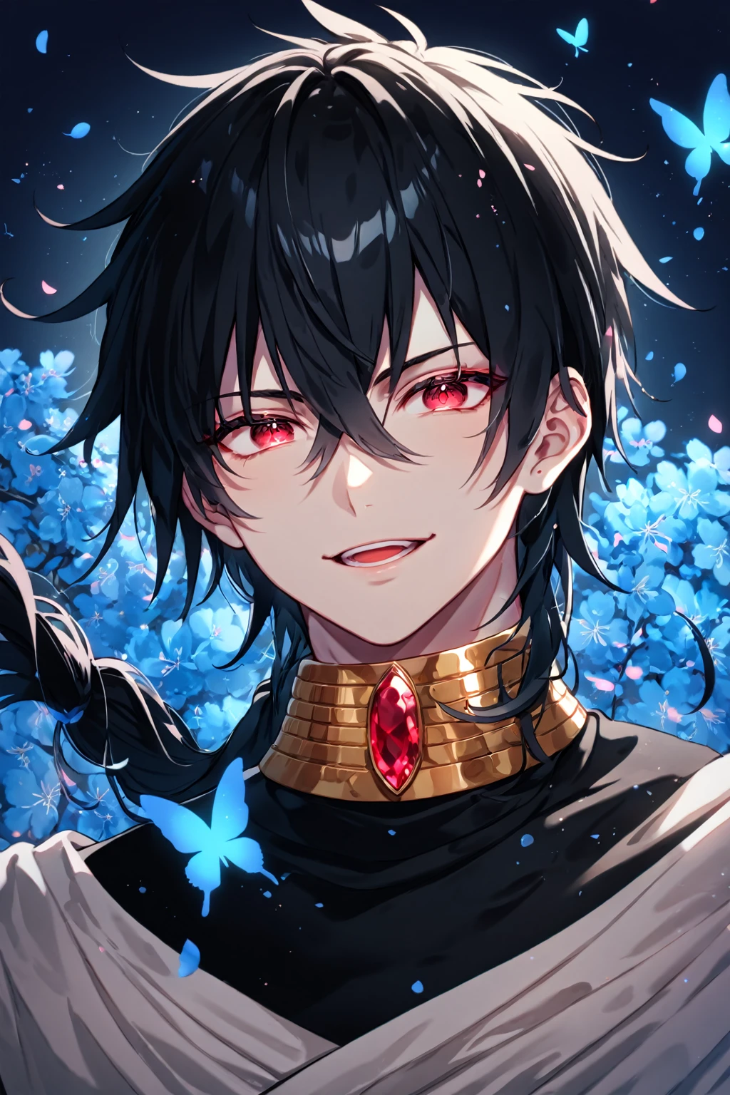 absurdres, highres, ultra detailed, HDR, master piece, best quality, extremely detailed, detailed face, detailed eyes, Judar, black hair, segmented long low ponytail, expressive red eyes, Magi: The Labyrinth Of Magic, solo, sexy man, handsome, smile, manly man, sensual, Indian white chunnari around his shoulders, small short-sleeved black midriff-baring choli, black Indian pants, golden necklace with a ruby, golden bracelets, garden, cherry blossoms, pink petals, pink flowers, pink butterflies, blue sky, fantasy, magical