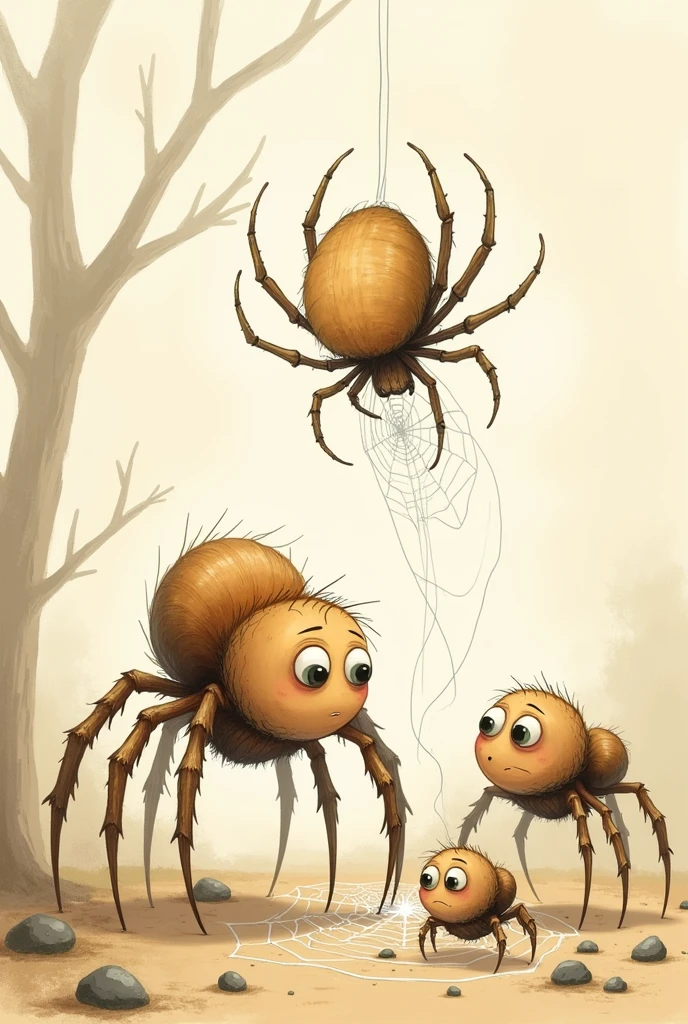 That the characters always appear the same, that they do not change their appearance and that they are VERY tender.
Generate a collection of images. That the characters always appear the same, that they do not change their appearance and that they are VERY tender.
Let the same spider that you just showed me appear, weaving but among twigs and that little stones appear above the spider webs weighing them down, Around her is her family of spiders looking at her with an angry face and it is clear that she is being scolded for weaving badly.. the image must be for children
