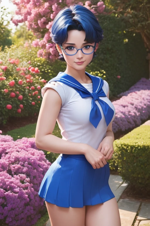 (((masterpiece)), (Highest quality), (Super detailed), ((Very detailed)), 4K, (8k), ，Sailor Mercury, Very short stature，Thin thighs，aesthetics, Dream Core，garden，