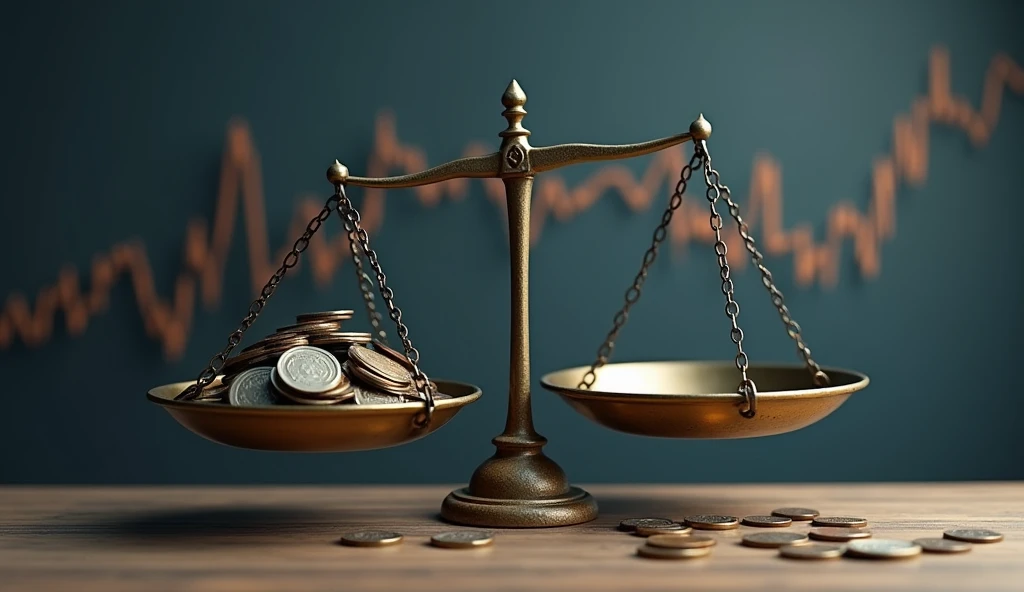 A scale with two pans, one side is overloaded with coins touching the surface of the table, representing the focus on billing, and the other side with the empty plate, hanging high above, symbolizing the lack of cash generation. Ao fundo, a descending financial chart line to illustrate the financial crisis caused by mispricing.
