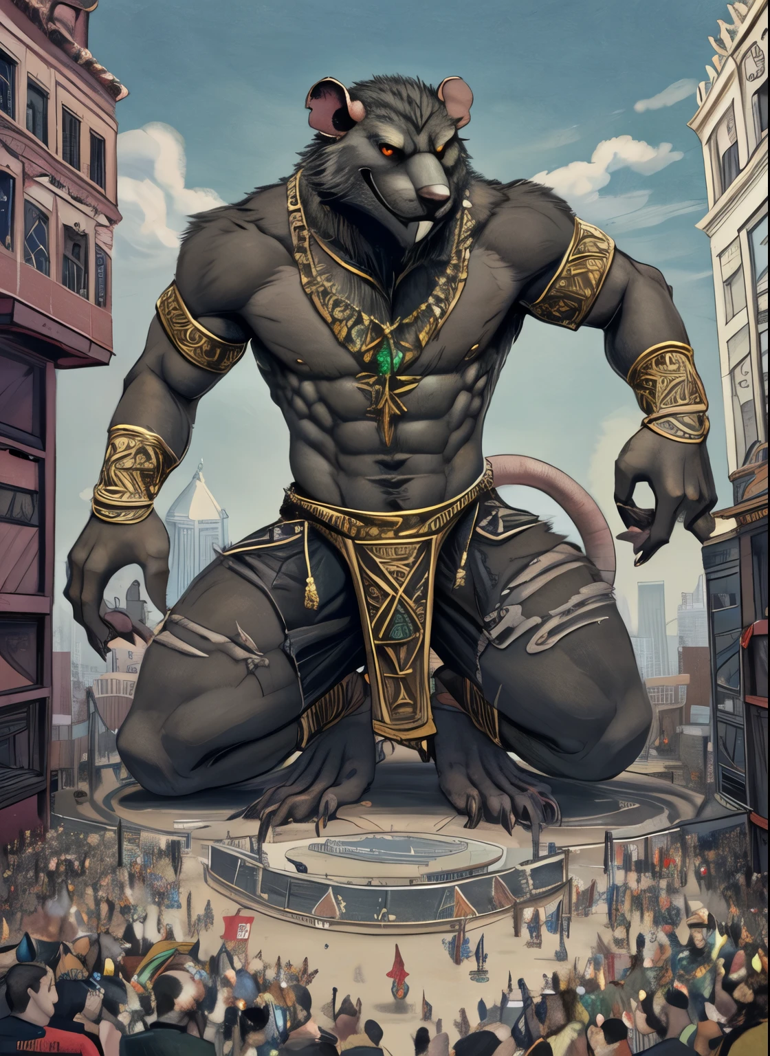 (male:1.3), (skaven: 1.1), friendly, (fancy intricate black torn clothing, jewelry:1.2), intricate details, (detailed fur tuft :1), pinup, macro in city, miniscule crowd looking