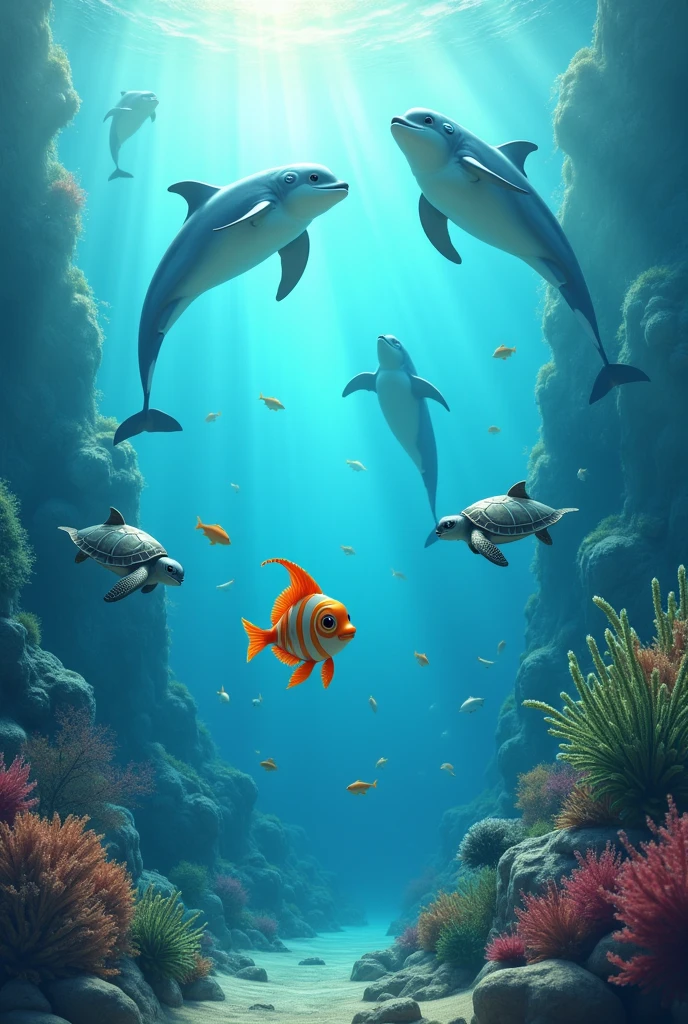 Then other sea animals arrived and continued swimming with the little fish.