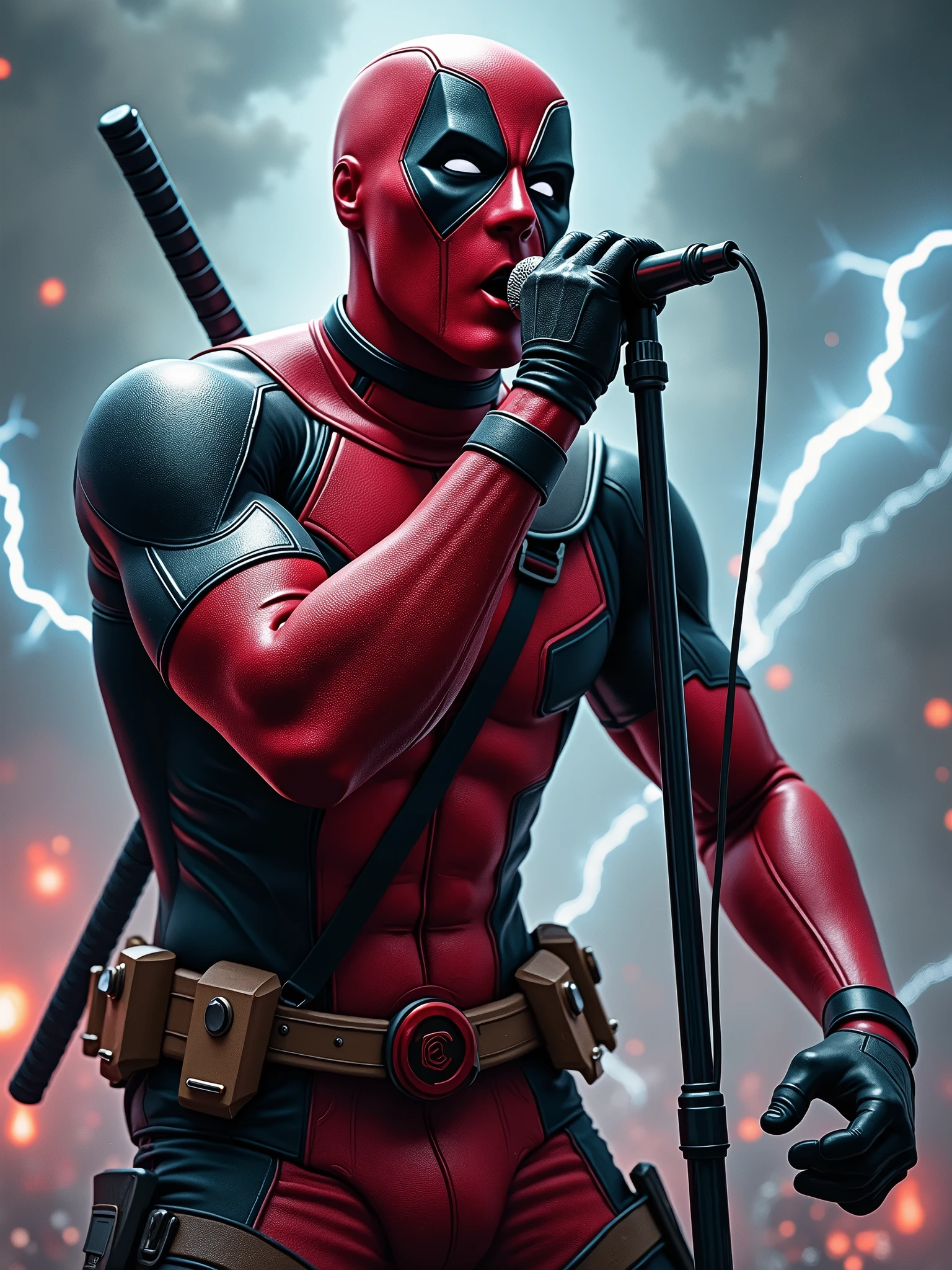 Rock Deadpool marvel holding the microfon singing with a background of thunder and a very rock vibes.