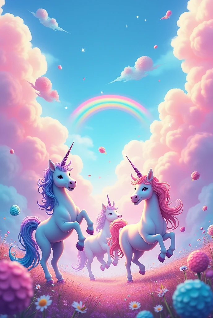 Unicorns in their colorful world full of rainbows and lots of pink and blue anime-like colors