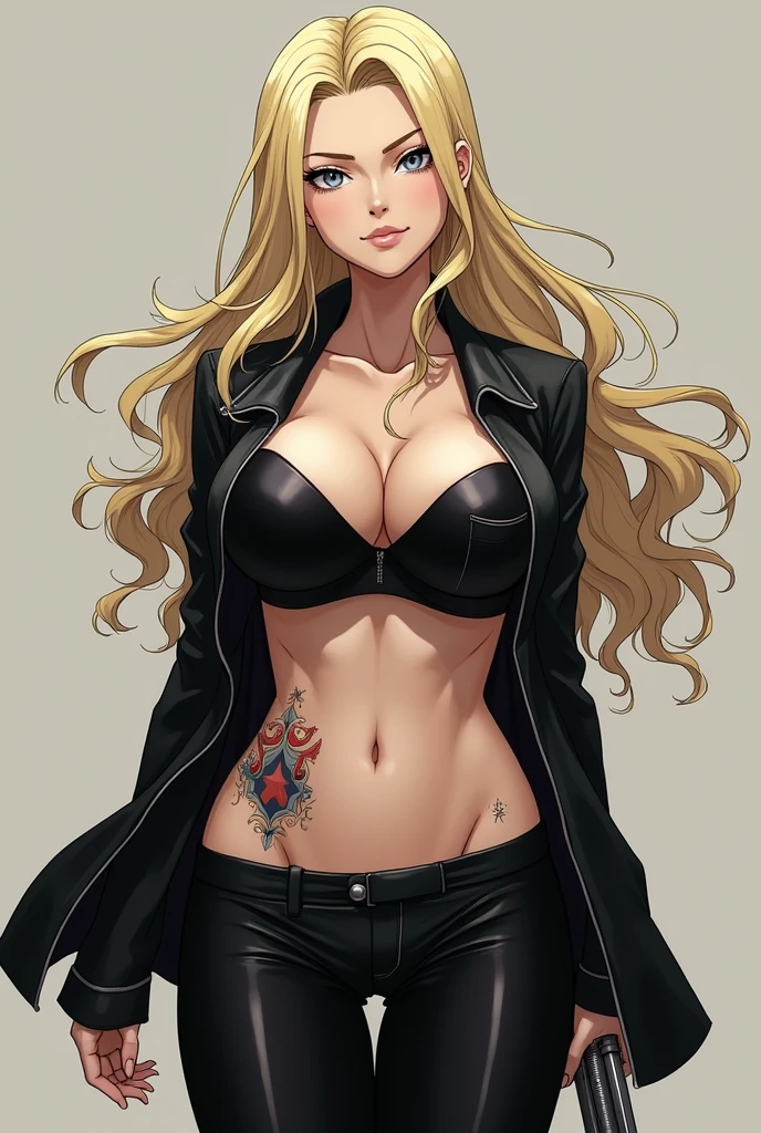 In the anime bleach style with clothing A tall and statuesque, pale skinned woman with composed pale grey eyes, a stubby nose, a square face and angled lips. She has wavy,  long blonde hair, has a large scar on her right arm, has an expressive tattoo on her stomach, wears light eyeliner, and she seems disciplined and is r with her leggings are leather she is muscular showing leveage she larges tits and leather jacket she is in suggestive posing