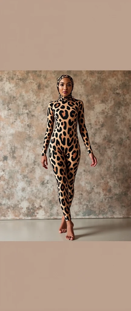 The beautiful,slender thin and clever asian muslimah adult girl with beautiful and shiny cheeks wears leopard print lycra turtleneck unitard catsuit covered with spots and leopard print lycra elastane stretchy dancewear square hijab covered with spots.