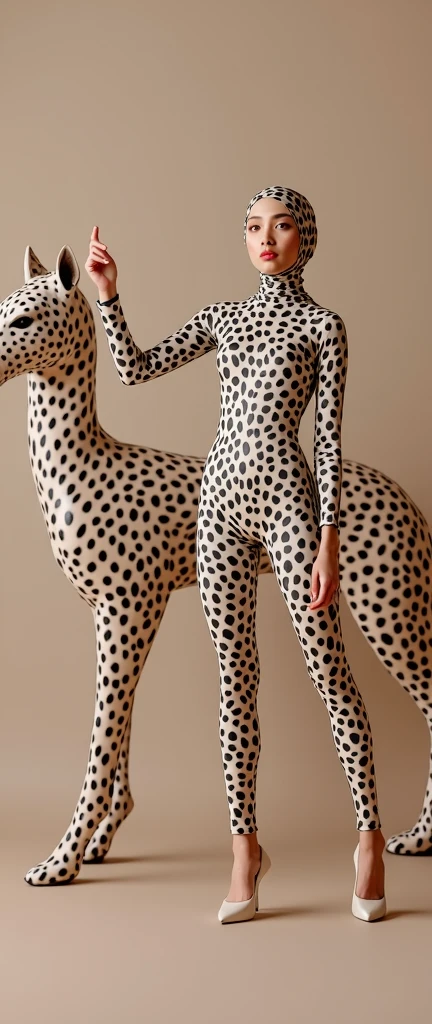 The beautiful,slender thin and clever asian muslimah adult girl with beautiful and shiny cheeks wears leopard print lycra turtleneck unitard catsuit covered with spots and leopard print lycra elastane stretchy dancewear square hijab covered with spots.