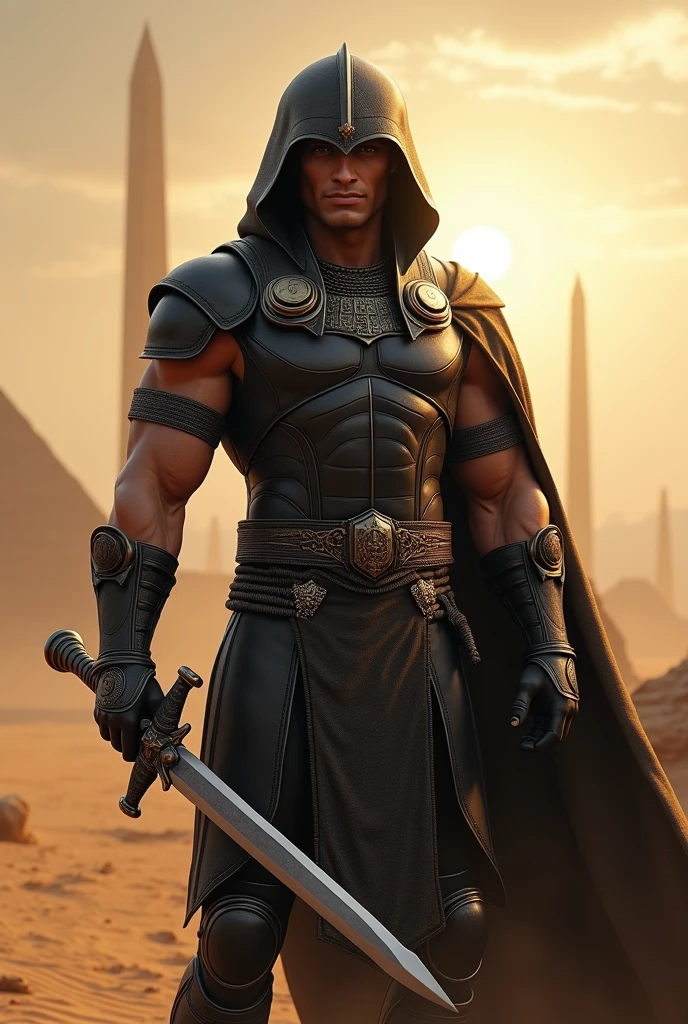 A strong Egyptian soldier wearing black armor with a sharp sword