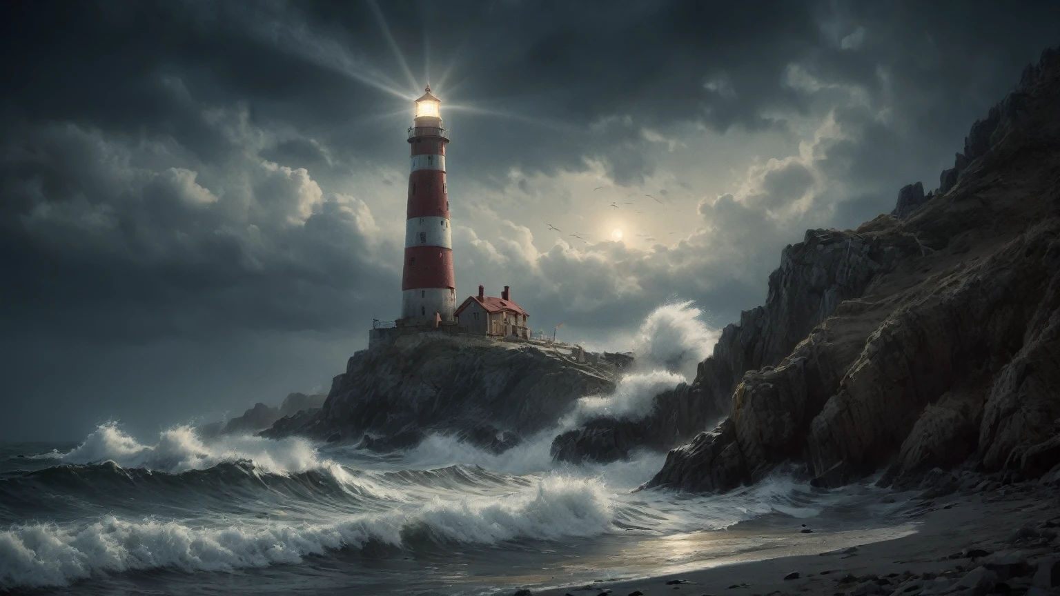 Lighthouse, Stormy night, crashing waves, nighttime, light beam, realistic 