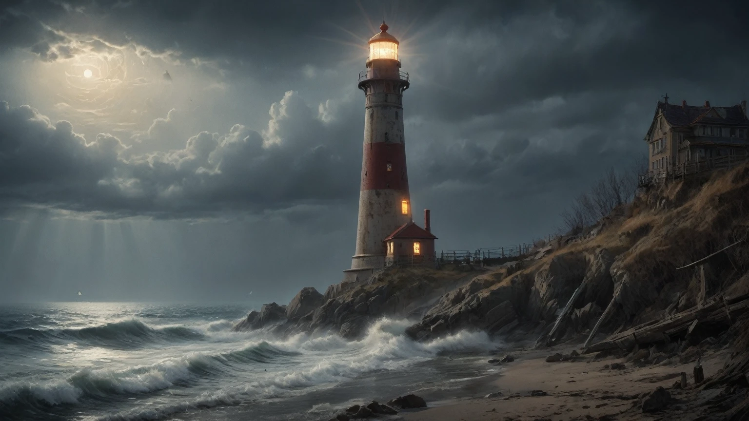 Lighthouse, Stormy night, crashing waves, nighttime, light beam, realistic 