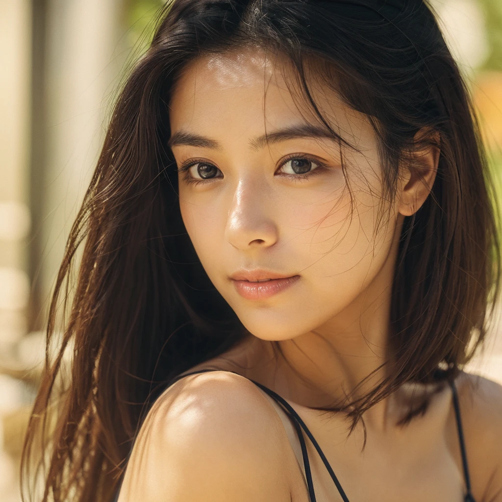 A hyper-realistic close-up image of a single Japanese woman in her early 20s, captured with the nostalgic warmth and subtle graininess of a film camera, focusing on her face and shoulders. Her skin has a warm beige tone with a natural, slightly rough texture that includes visible pores, fine lines, and subtle imperfections such as small blemishes, adding to the authenticity of her appearance. The soft, diffused natural light typical of a sunny summer day casts gentle, warm shadows on her face, enhancing the film-like quality while maintaining the realistic texture of her skin. Her straight, glossy black hair is slightly tousled by a gentle summer breeze, framing her face naturally. She is wearing a light, summery outfit, perhaps with straps visible at the shoulders, that complements her natural beauty and suits the warm weather. The film camera effect introduces a slight grain and a softer focus, giving the image a warm, nostalgic atmosphere while preserving the realism of her skin and features. The overall composition captures the serene and effortless elegance of a summer day, with the focus on the realistic texture of her skin and the timeless quality of the film camera aesthetic.