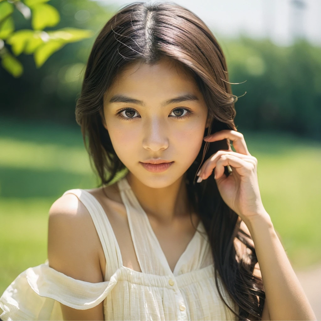 A hyper-realistic close-up image of a single Japanese woman in her early 20s, captured with the nostalgic warmth and subtle graininess of a film camera, focusing on her face and shoulders. Her skin has a warm beige tone with a natural, slightly rough texture that includes visible pores, fine lines, and subtle imperfections such as small blemishes, adding to the authenticity of her appearance. The soft, diffused natural light typical of a sunny summer day casts gentle, warm shadows on her face, enhancing the film-like quality while maintaining the realistic texture of her skin. Her straight, glossy black hair is slightly tousled by a gentle summer breeze, framing her face naturally. She is wearing a light, summery outfit, perhaps with straps visible at the shoulders, that complements her natural beauty and suits the warm weather. The film camera effect introduces a slight grain and a softer focus, giving the image a warm, nostalgic atmosphere while preserving the realism of her skin and features. The overall composition captures the serene and effortless elegance of a summer day, with the focus on the realistic texture of her skin and the timeless quality of the film camera aesthetic.