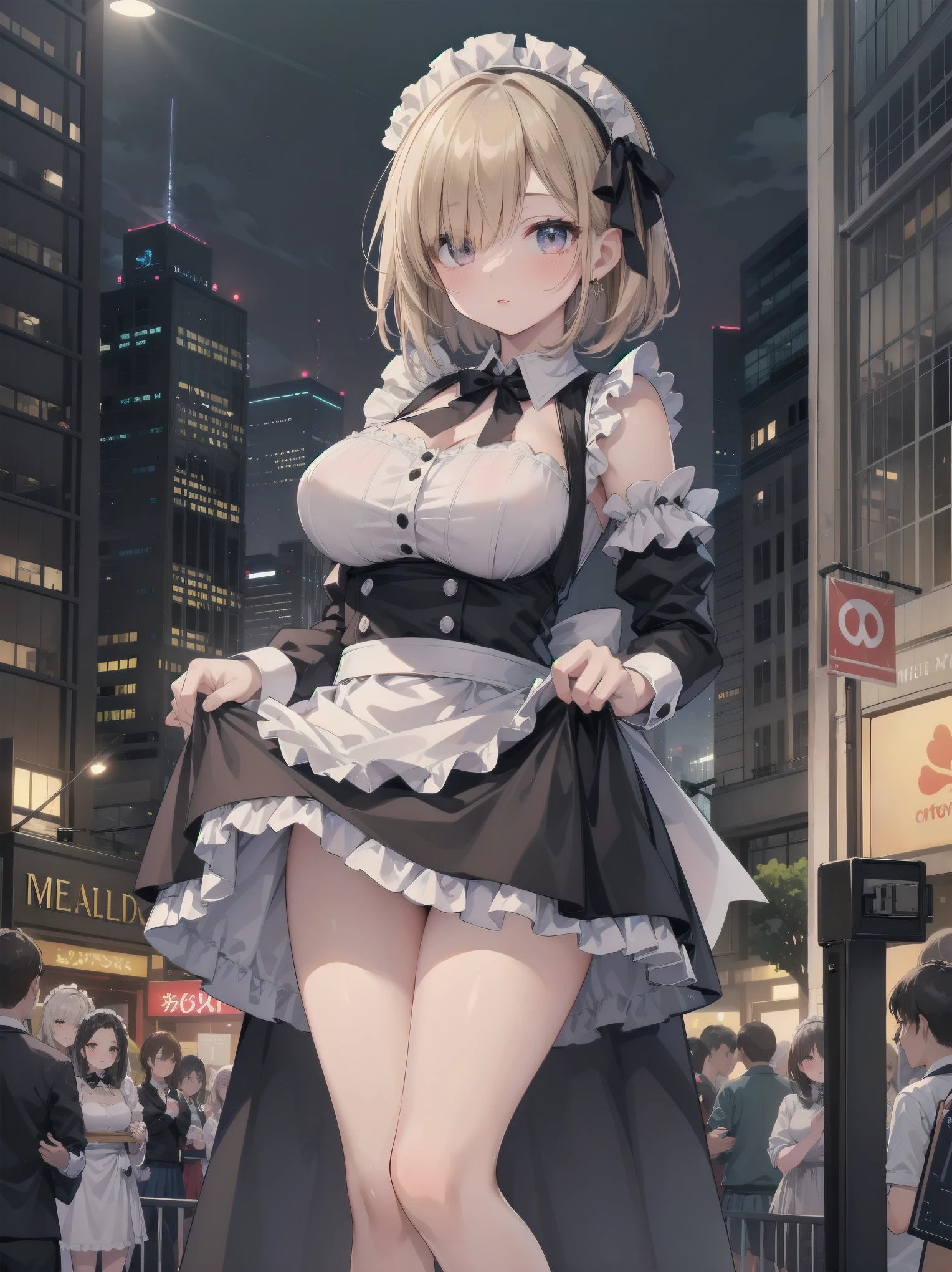 Highly detailed CG Unity 8k wallpaper, Top quality, Highly detailed, Masterpiece, Highly detailed pretty girl, , (((lifting skirt by herself))), (lifting skirt by herself)), dynamic angles, sexy pose, blush, lips apart, looking at audience, half body shot, (crowd), (crowded big city)), hair over one eye, immaculate beauty, less revealing maid outfit, classical maid fashion