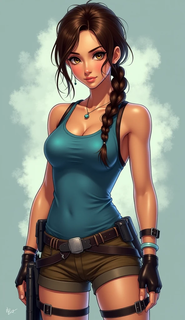 nsfw:1.4, ((glossy eyes)),(masterpiece, best quality:1.4), high detail, (detailed face), detailed eyes, (beautiful, aesthetic, perfect, delicate, intricate:1.0),best quality, masterpiece, nijistyle lara croft, single braid, blue tank top, brown shorts, fingerless gloves, holster, full body