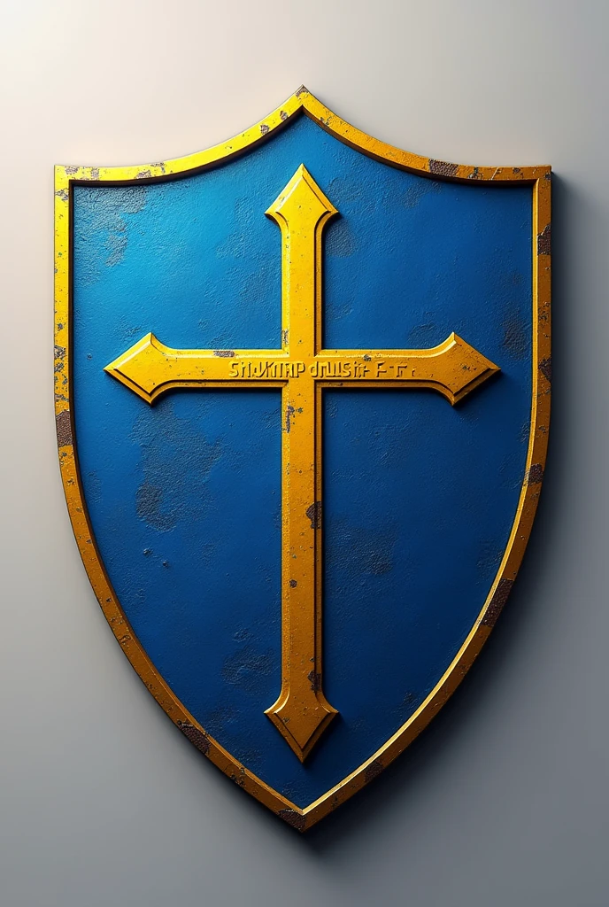 Create an image with a blue and gold cross-shaped shield of a football club and add the name Shakhtar Daleste F. C out the shield