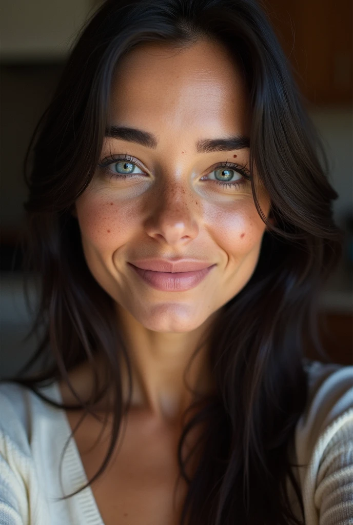 instagram selfie , A beautiful woman 2 , slight smile , detailed skin face and eyes , natural lighting , at home , long hair, topless , film grain, low contrast, natural face , freckles , black hair , blue eyes, dark circles under eyes