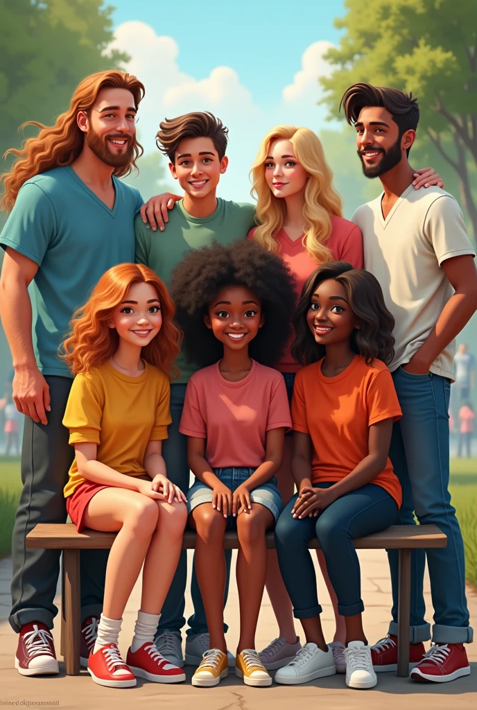 An image with two blonde girls,two black girls and two white men with brown hair