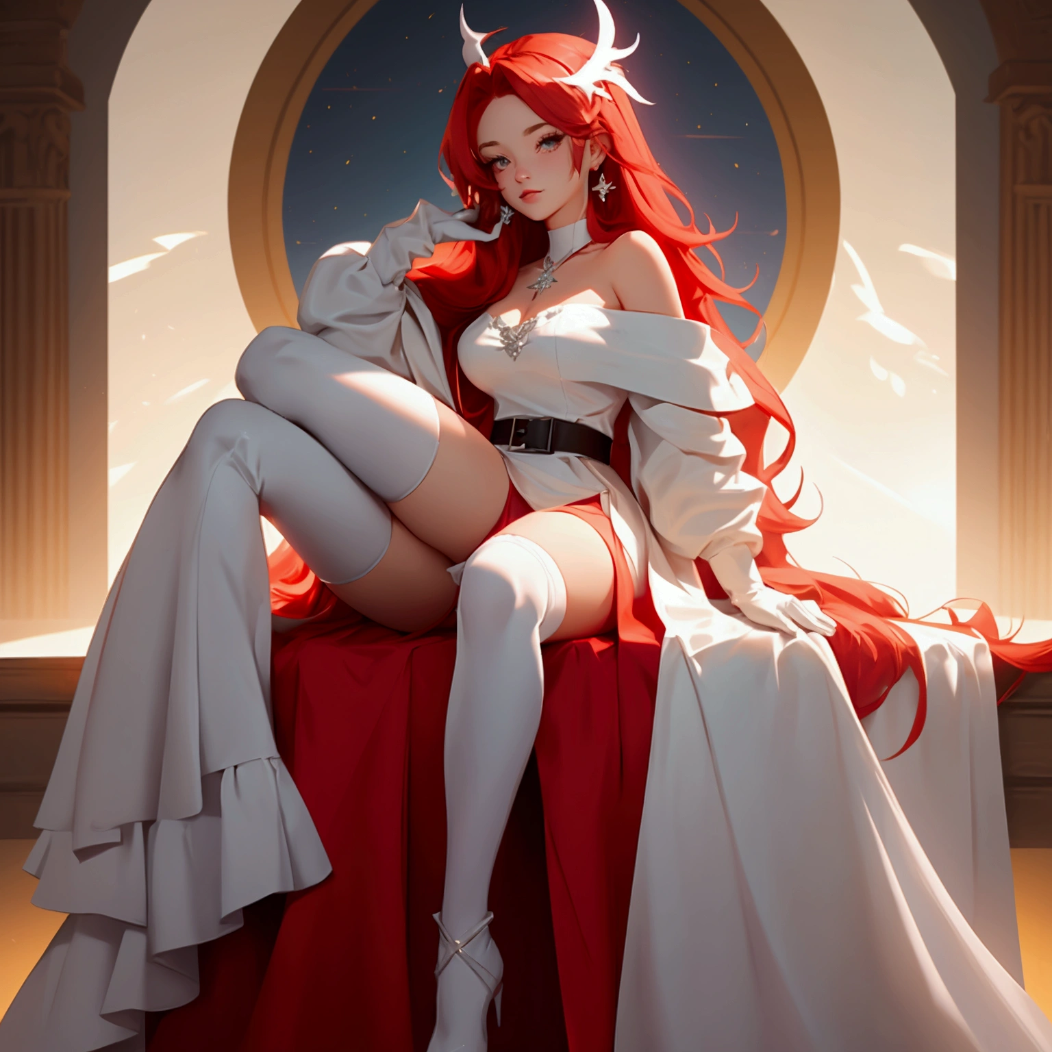 envision a 8k, highres, cinematic, beautiful full body design sheet of a girl named Elizabeth Rose Bloodflame with long red hair, ahoge, hair ornament, earrings, sleeveless dress, white dress, asymmetrical dress, see-through cleavage, white belt, white jacket, off-shoulder, blue fire, black gloves, single glove, white thighhighs, single thighhigh, against a dark background