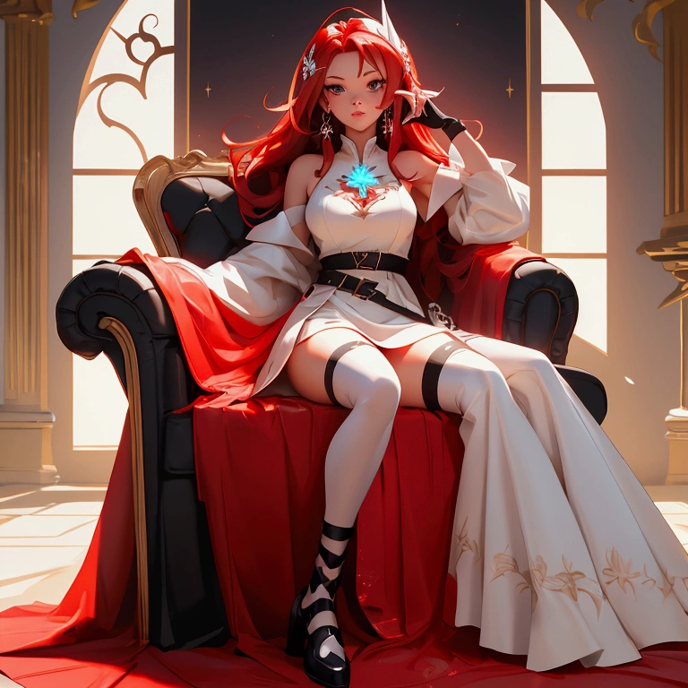 envision a 8k, highres, cinematic, beautiful full body design sheet of a girl named Elizabeth Rose Bloodflame with long red hair, ahoge, hair ornament, earrings, sleeveless dress, white dress, asymmetrical dress, see-through cleavage, white belt, white jacket, off-shoulder, blue fire, black gloves, single glove, white thighhighs, single thighhigh, against a dark background