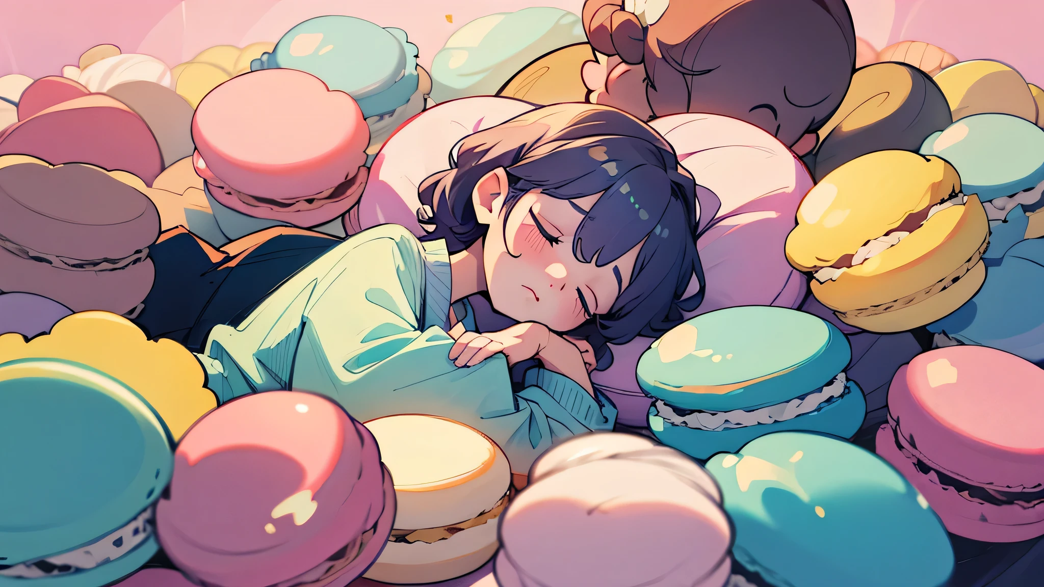 Tired and sleeping office lady、Macaroons、pastel colour