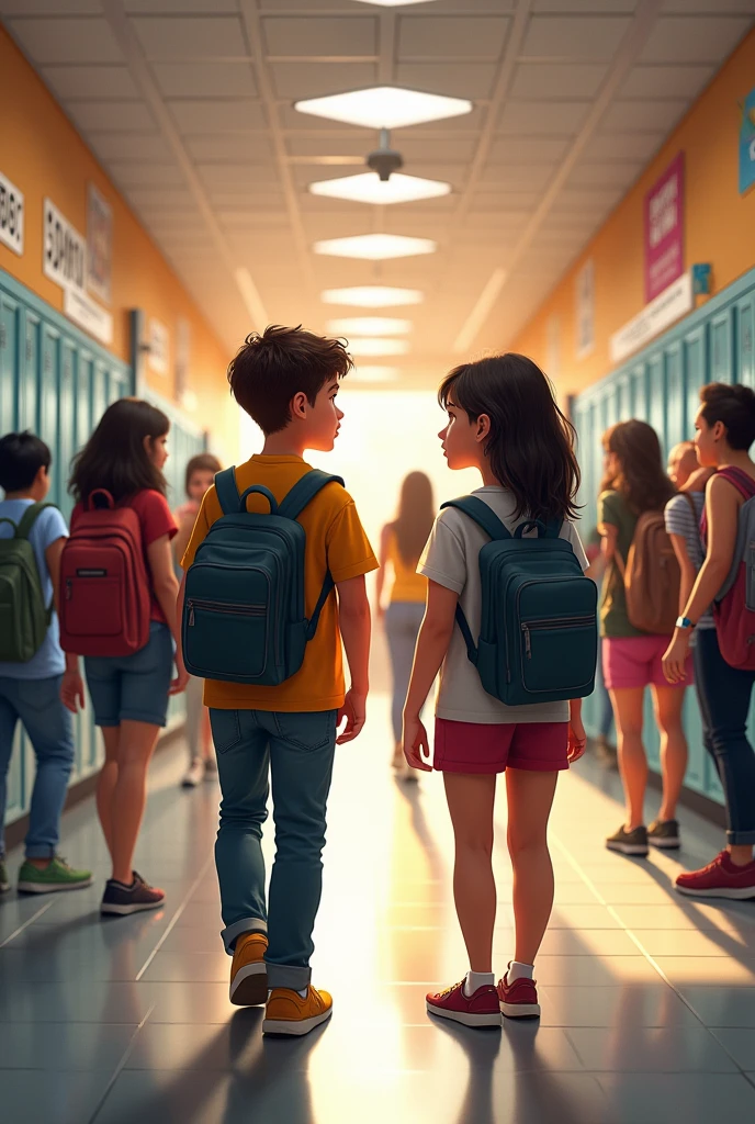 In the hallways of a high school. Daniel is talking to Alex as they walk down the hallway. Lucia is nearby, chatting with her friends.