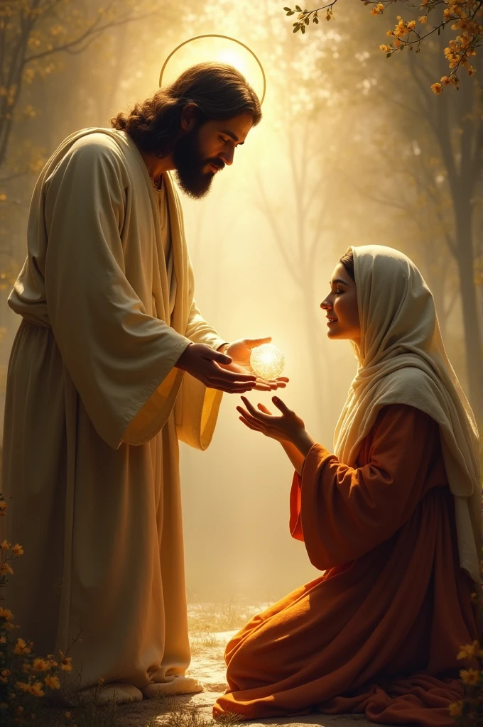 Jesus receiving a soul into his hands from a kneeling woman