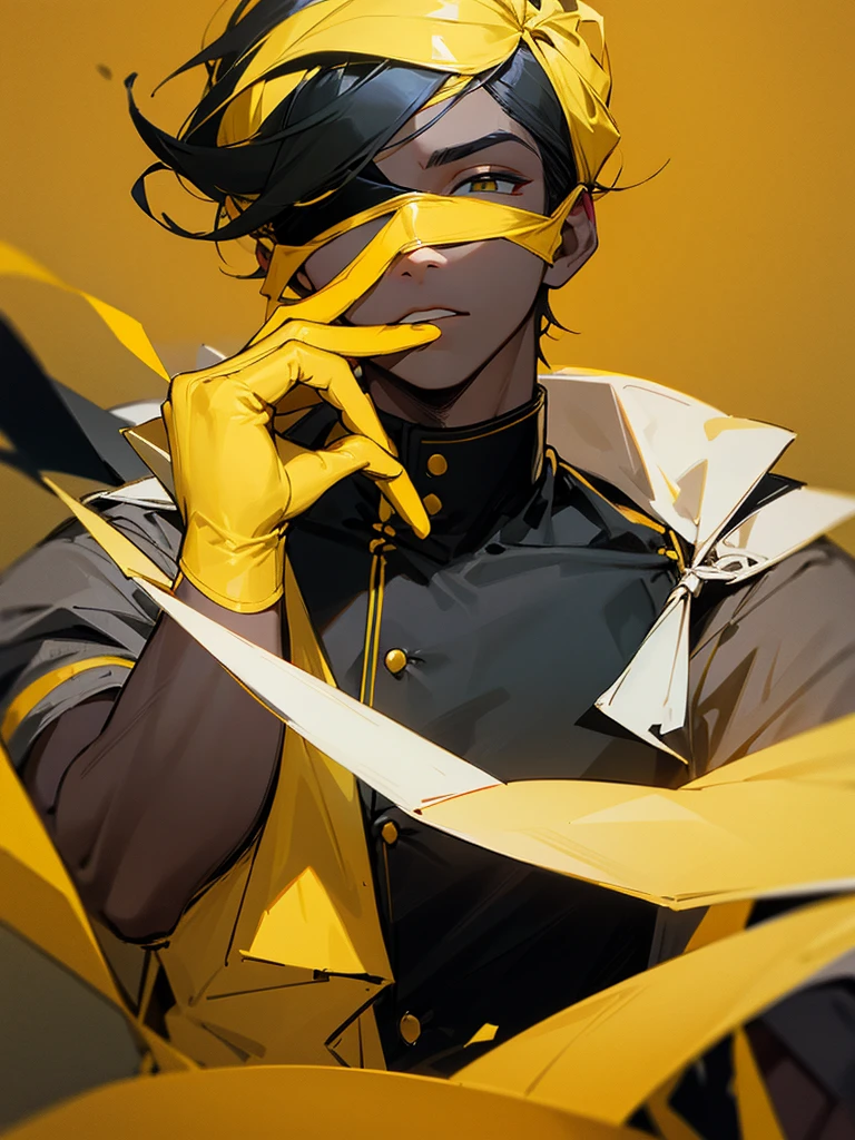 Raising a man with a blindfold on his face (sells and yellow)