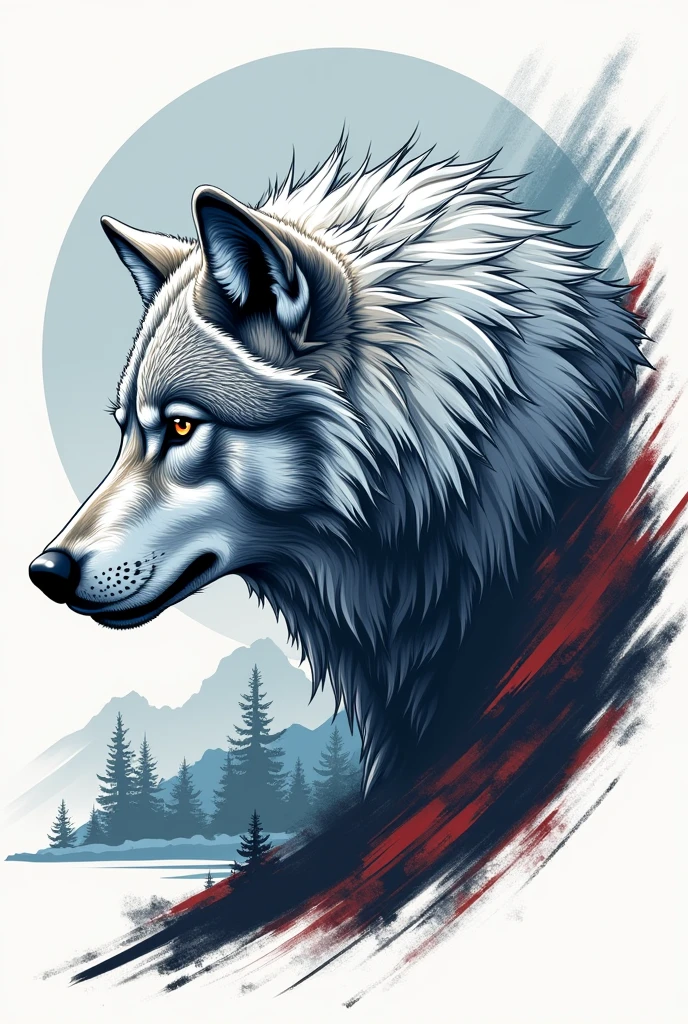 A majestic wolf in a detailed artistic style, with sharp, contrasting lines, suitable for a t-shirt design. The wolf should be shown in profile, with an intense and focused gaze, capturing the essence of its strength and intelligence. The fur should be composed of dynamic lines and subtle shadows, creating a sense of movement. The background can be minimalist, with geometric elements or nature, such as mountains or trees, but without detracting from the focus on the wolf. The color palette should be neutral, like gray, black, and white, with touches of blue or red for emphasis.
