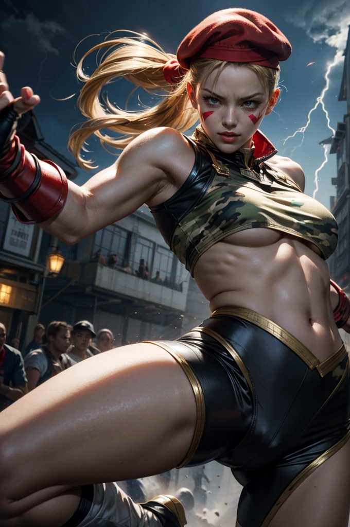 CAMMYï¼Epic CG masterpiece, from Capcom game Street Fighter, cammy, Cammy White (character name), red beret, camouflage face paint, confident, legendary fighting, skills, martial arts expert,lightning kick, spinning bird kick,
