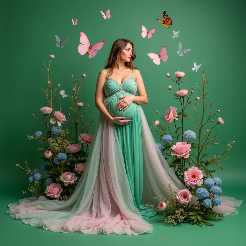 pregnant woman in green dress surrounded by flowers and butterflies, a colorized photo by Elena Guro, shutterstock, conceptual art, blue and pink colors, blue and pink, blue and pink color scheme, cyan photographic backdrop, pink and blue colour, pink and blue colors, flowing gown, pastel blues and pinks, lady with glowing flowers dress, pink and green