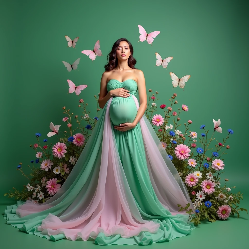 pregnant woman in green dress surrounded by flowers and butterflies, a colorized photo by Elena Guro, shutterstock, conceptual art, blue and pink colors, blue and pink, blue and pink color scheme, cyan photographic backdrop, pink and blue colour, pink and blue colors, flowing gown, pastel blues and pinks, lady with glowing flowers dress, pink and green