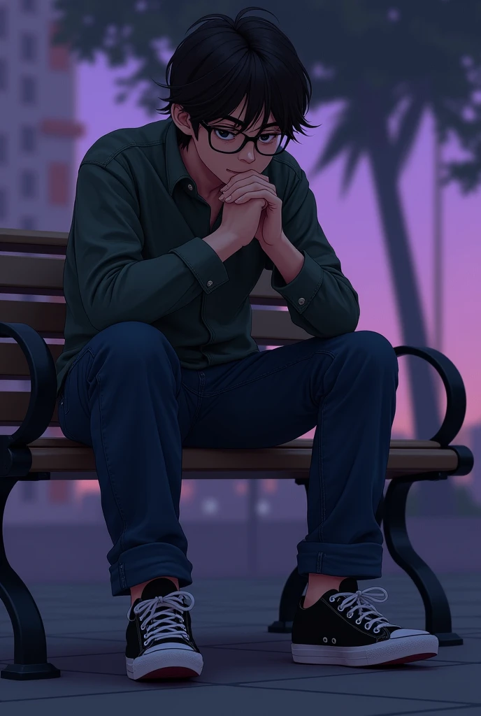 Young man with square glasses and semi-long hair sitting on a bench in a park, with tired black eyes with dark circles, dark green shirt, Dark blue jeans with black converse. smoking a cigarette. Purple tone environment, camera focusing from below,
