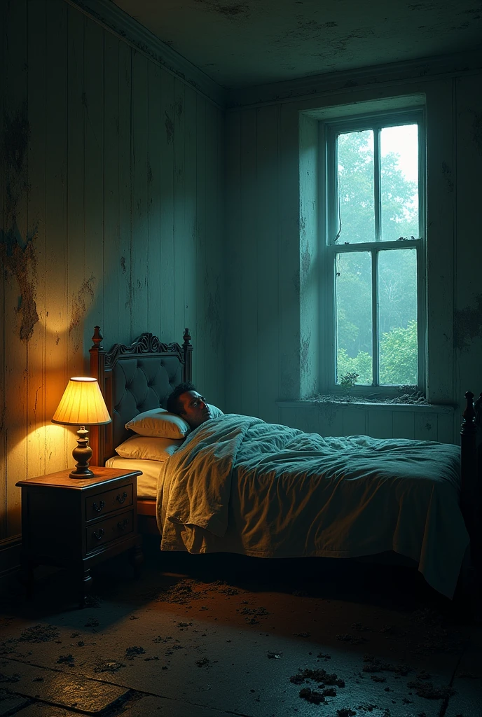 abandoned mansion, man sleeping with a lamp beside him while a monster comes out from under his bed