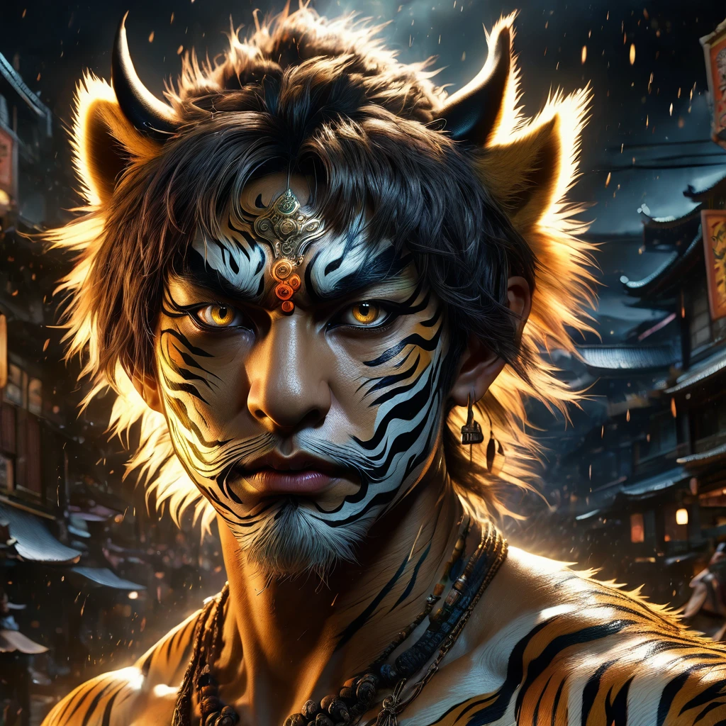 a powerful tiger man, extremely detailed face, beautiful detailed eyes, intense anime style, martial power, portrait, complex structure, sinister environment, dark, detailed eyes, scars, wounds, cinematic lighting, dramatic shadows, chiaroscuro, hyper realistic, 8k, high quality, masterpiece mystical anime-style tiger man creature, horror, divine being, intricate detailed fantasy character, ethereal, glowing magical aura, (best quality,4k,8k,highres,masterpiece:1.2),ultra-detailed,(realistic,photorealistic,photo-realistic:1.37),cinematic lighting,vibrant colors,dramatic shadows,ethereal atmosphere,fantasy art