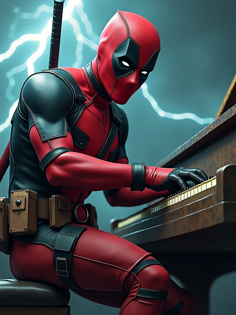 Rock Deadpool marvel by playing the piano with a thunder background and a very rock vibes.
