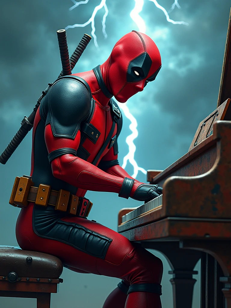 Rock Deadpool marvel by playing the piano with a thunder background and a very rock vibes.