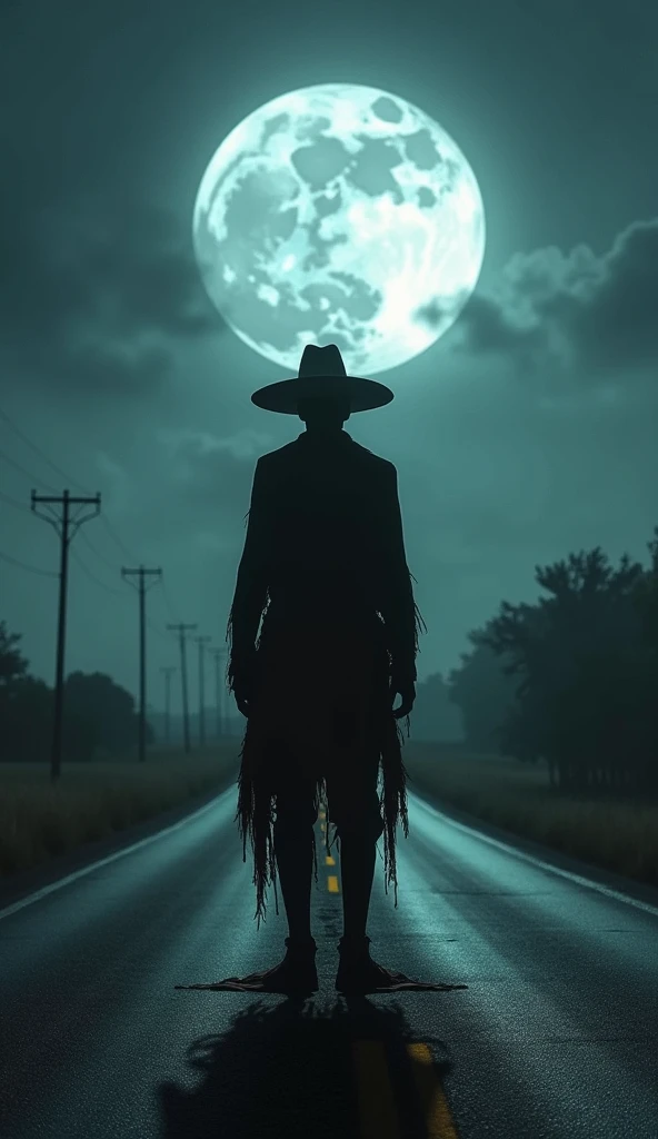A deserted road at night, lit only by the light of the full moon. In the center of the road, the tall, thin figure of El Silbón, with his back turned, wearing tattered cowboy clothes and a wide-brimmed hat. He is standing still, looking at the horizon, conveying a sense of mystery and imminent danger.