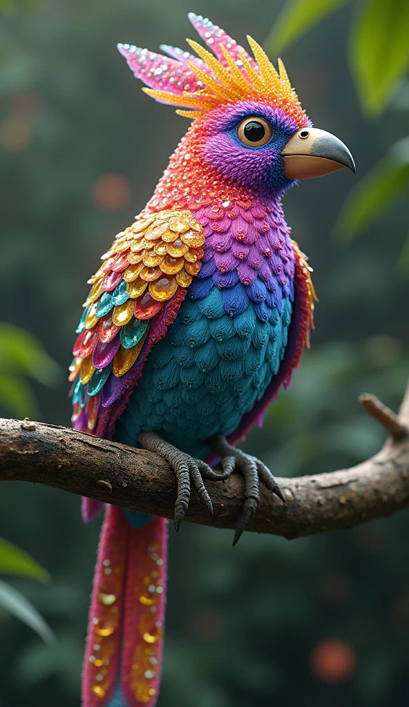 Forbes Diamond「Little bird on a tree」teeth、The protagonist is portrayed naturally and realistically.。, Highly detailed and photorealistic, Render the background, Photorealistic concept art, Hyperreal Rendering, Red realistic 3D rendering, Bird Society, Photorealistic images, Highly detailed and photorealistic, Ultra-realistic detailed rendering, Realistic detailed images, Highly detailed rendering, High quality rendering,((A fictional bird with many colorful jewels on its body.))Fluorescent bird,His whole body is covered in colored gems,The tail is also covered with jewels,Wear jewels,The feathers are colorful
