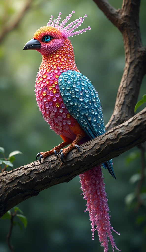 Forbes Diamond「Little bird on a tree」teeth、The protagonist is portrayed naturally and realistically.。, Highly detailed and photorealistic, Render the background, Photorealistic concept art, Hyperreal Rendering, Red realistic 3D rendering, Bird Society, Photorealistic images, Highly detailed and photorealistic, Ultra-realistic detailed rendering, Realistic detailed images, Highly detailed rendering, High quality rendering,((A fictional bird with many colorful jewels on its body.))Fluorescent bird,His whole body is covered in colored gems,The tail is also covered with jewels,Wear jewels,The feathers are colorful
