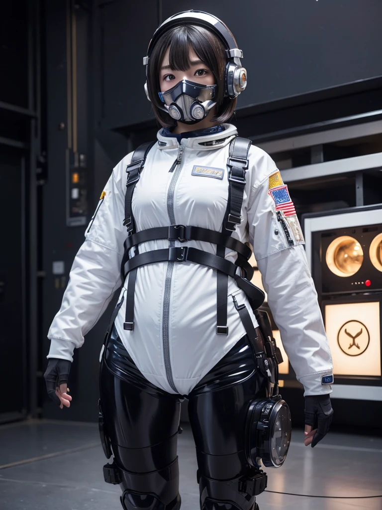 masterpiece, Highest quality, Very detailed, Japanese Android girl, Beautiful 2 Japanese woman, Plump,Slightly thicker,Control panel,Android,cyborg,Blunt bangs,astronaut,Thick harness belt,Full-face helmet,Gas mask with regulator,