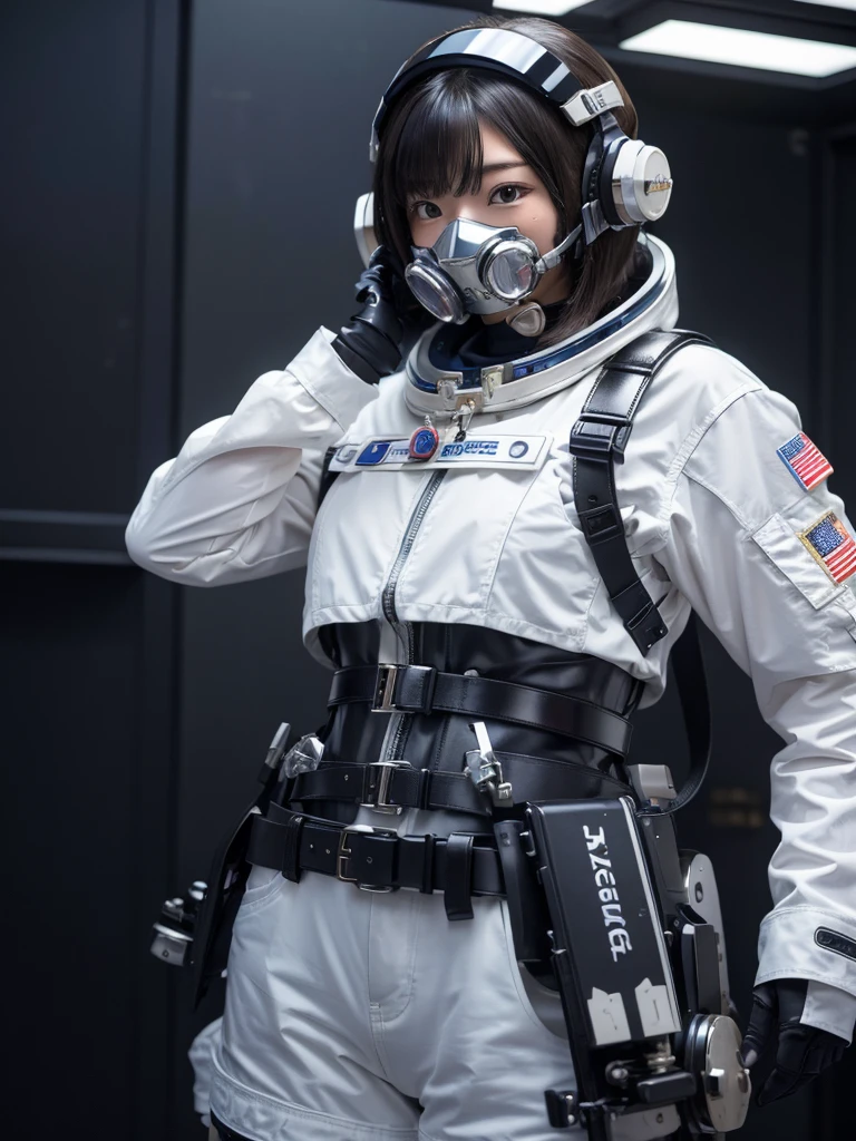 masterpiece, Highest quality, Very detailed, Japanese Android girl, Beautiful 2 Japanese woman, Plump,Slightly thicker,Control panel,Android,cyborg,Blunt bangs,astronaut,Thick harness belt,Full-face helmet,Gas mask with regulator,