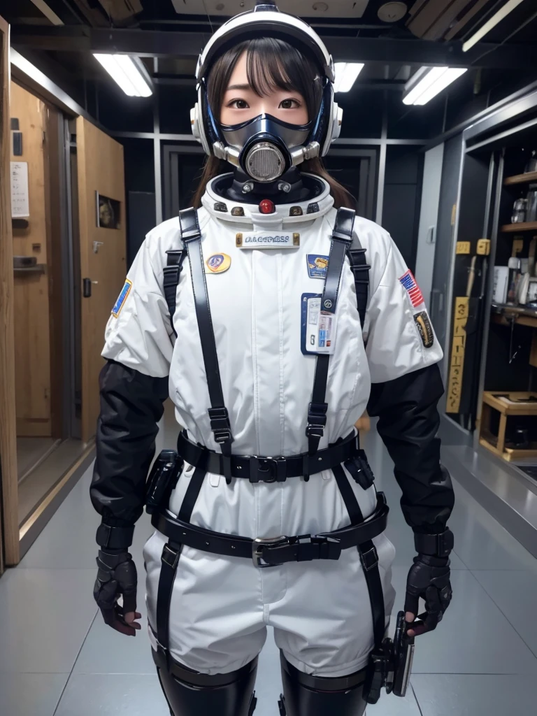 masterpiece, Highest quality, Very detailed, Japanese Android girl, Beautiful 2 Japanese woman, Plump,Slightly thicker,Control panel,Android,cyborg,Blunt bangs,astronaut,Thick harness belt,Full-face helmet,Gas mask with regulator,