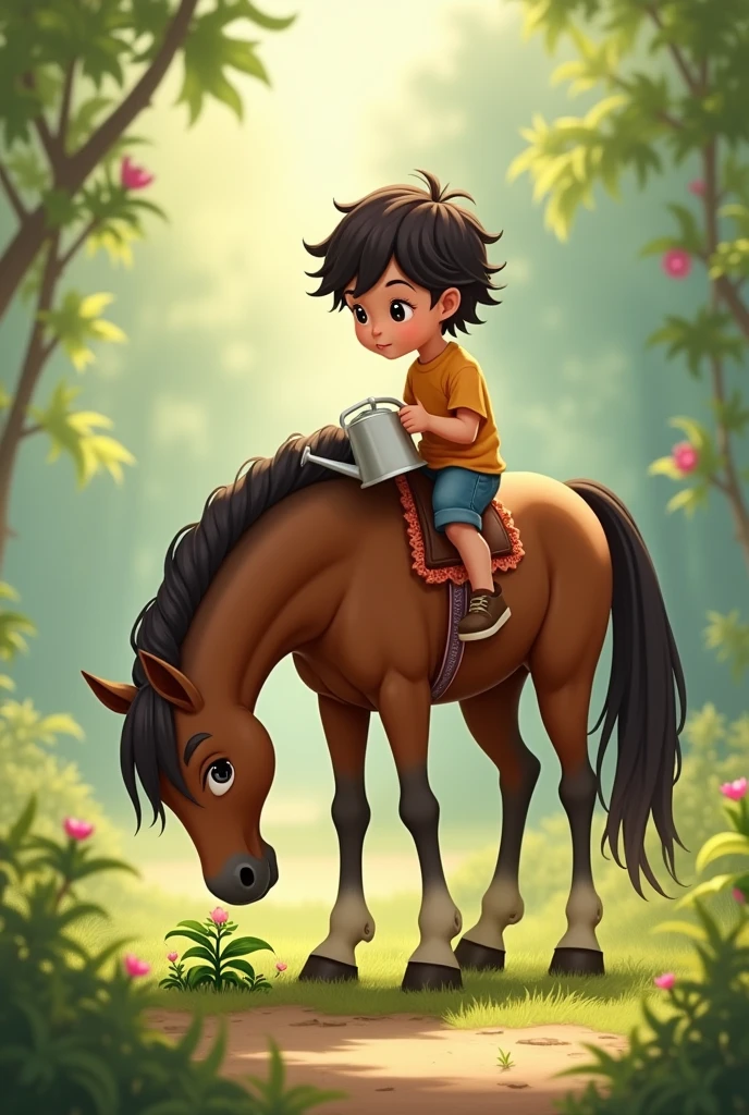 Child riding a horse watering a plant on the ground