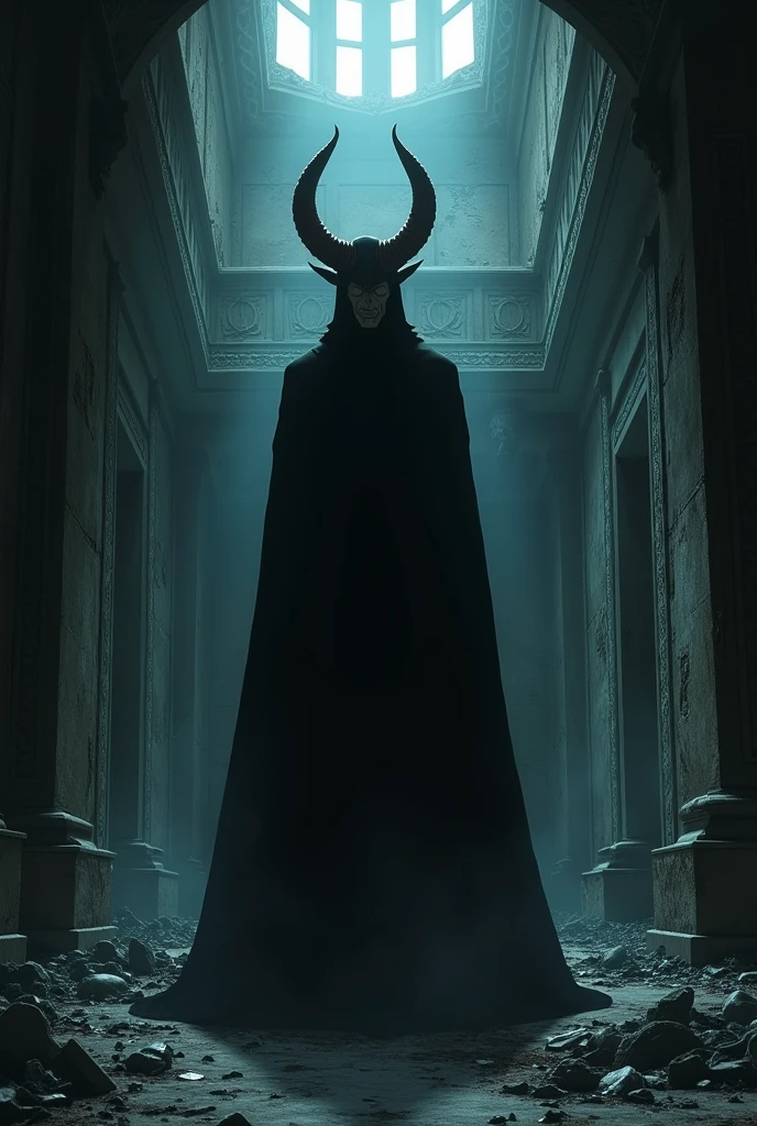 The image is anime style cowboy bebop and Darker than black with shadows and dim lights, anime style although somewhat adult and dark, It depicts the Celtic God Dagda, but thin. In the middle of an abandoned mansion.