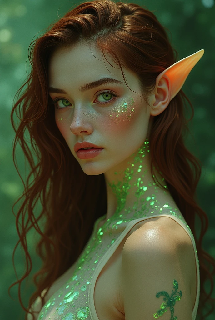 Create a highly detailed, semi-realistic portrait of a female character with the following features:
• Skin Tone: Light olive complexion with iridescent patches that shimmer under certain angles, creating a pearlescent effect. The iridescence should be particularly noticeable on her cheekbones and forearms.
• Hair: Long, wavy brown hair with bio-synthetic strands that glow faintly in low light. The hair should shift colors between auburn and gold. The strands should have the ability to change texture, becoming stiffer when needed.
• Eyes: Bright green eyes with an additional reflective layer, giving them a luminous quality, especially at night. The pupils should be slightly larger than a human’s, and the sclera should have a faint greenish tint that blends with her irises.
• Facial Features: A slightly elongated face with delicate, ethereal features. Her ears should be slightly pointed, adorned with subtle, retractable bioluminescent patterns that glow softly. Her nose should be streamlined, with a faint glow along its ridge.
• Body Type: A curvy, streamlined, and graceful build, with prominent hips and bust. Her fingers and toes should have subtle webbing, indicating an aquatic adaptation. Her skin should have faint bioluminescent lines that trace along her spine and ribs.
• Clothing: If applicable, dress her in a bio-engineered suit that mimics the texture of plant leaves, with shifting green and iridescent patterns that match her skin.
The overall image should emphasize her ethereal, slightly otherworldly appearance, blending human and advanced evolutionary traits.